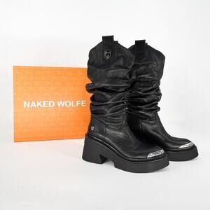 Naked Wolfe Stable Leather Platform Boots Women’s Size 8 Black Western Metal Toe